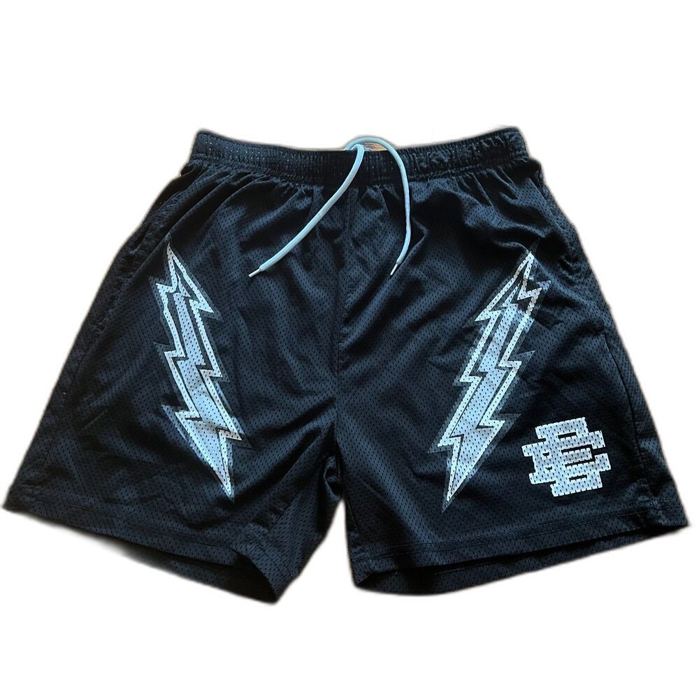 Eric Emanuel Kids Mesh Gym Shorts Black Grey Lightning Bolt Graphic Size M